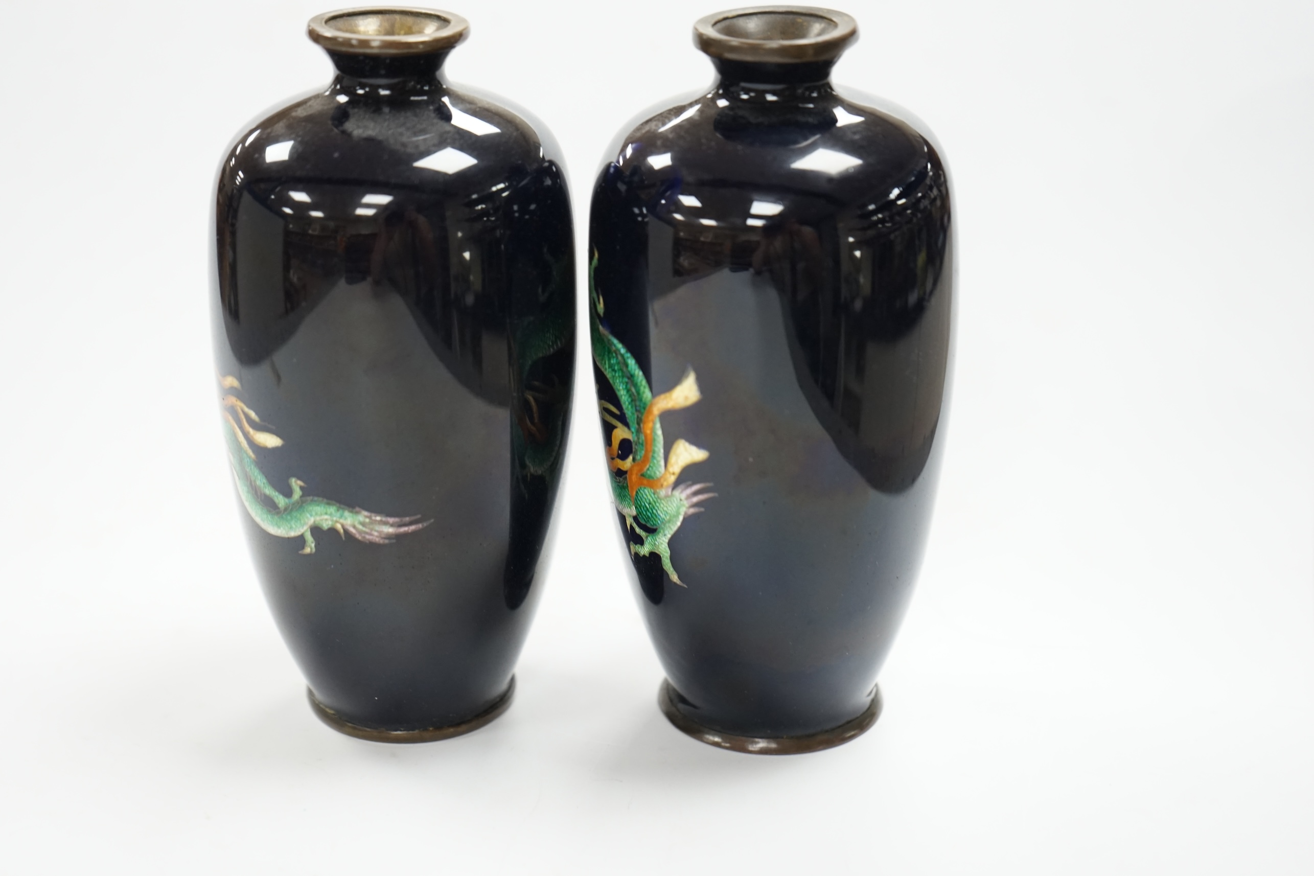 Two Japanese miniature enamelled dragon decorated vases,12cm high. Condition - good